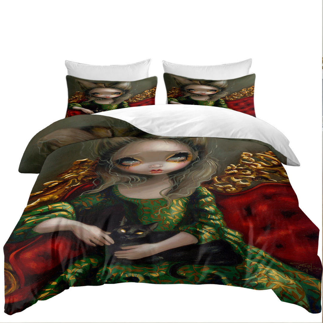 Coverlet with Rococo Portrait style Princess with a Black Cat