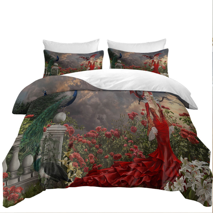 Coverlet with Roses Garden Peacocks Dragon and Beautiful Red Dressed Woman