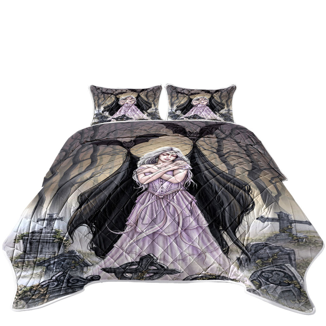 Coverlet with Scary Art Graveyard Bats Night Embrace for Lonely Woman