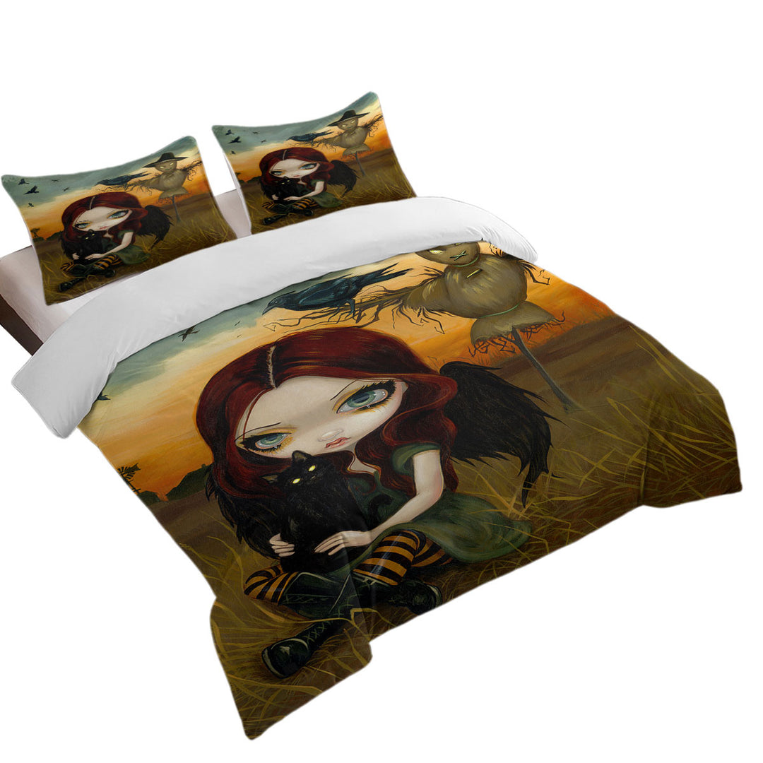 Coverlet with Scary Autumn the Scarecrow and Crow Winged Girl