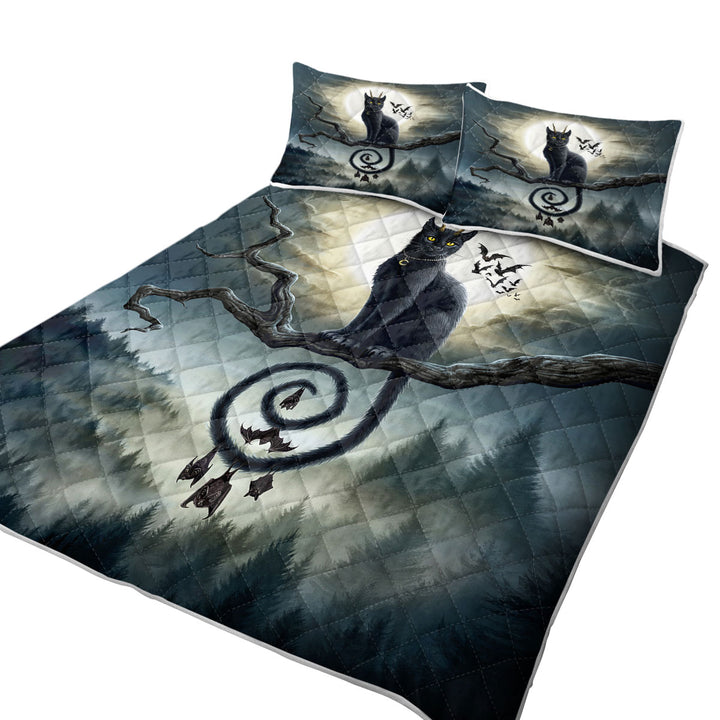 Coverlet with Scary Night Art Moonlight Companions Bats and Cat