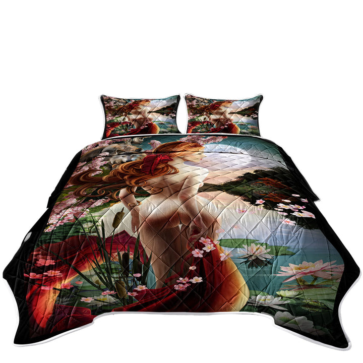 Coverlet with Sexy Art Water Lilies Lake and the Stunning Woman