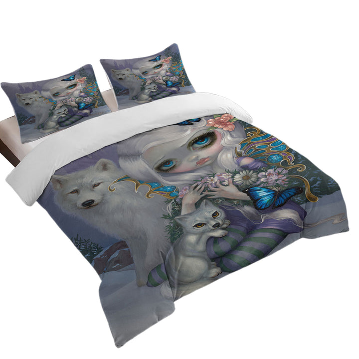 Coverlet with Winter Fairy with Two White Wolves and Butterflies