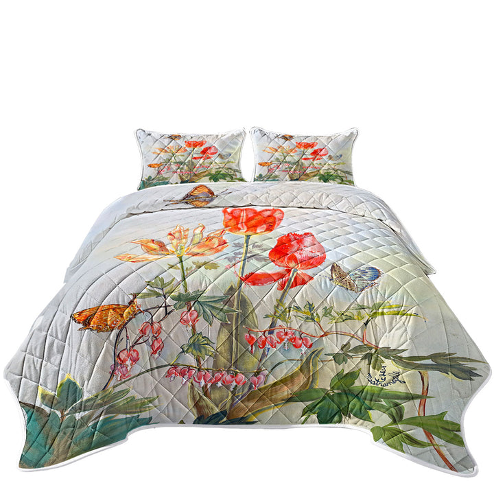 Coverlets with Butterflies and Flowers Art Bleeding Hearts and Tulips