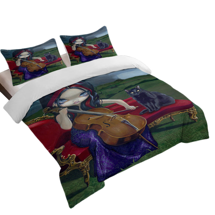 Coverlets with Cello Storm Gothic Beautiful Girl and Her Cat