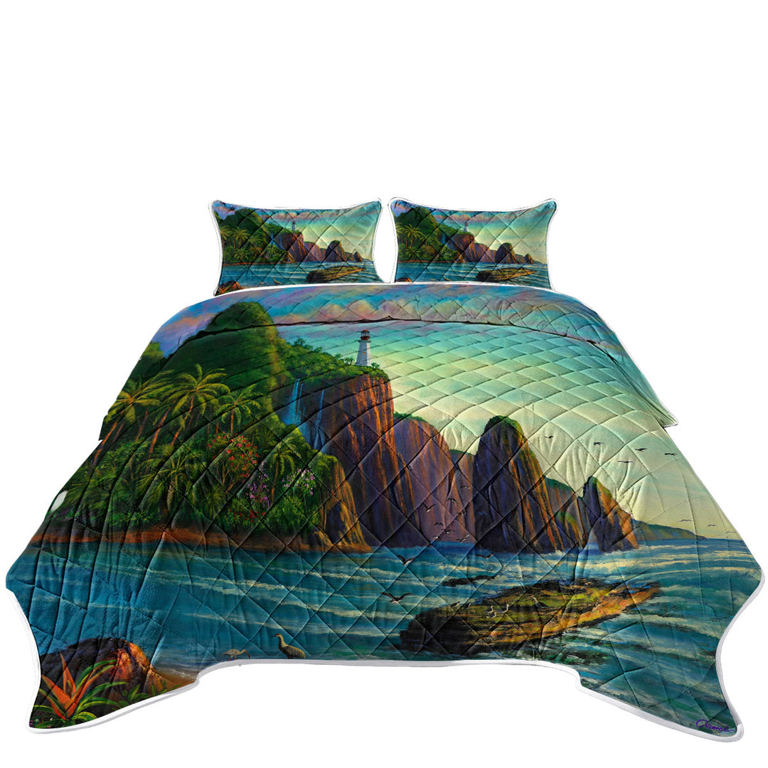 Coverlets with Coastal Art Painting Lighthouse in Paradise Bay