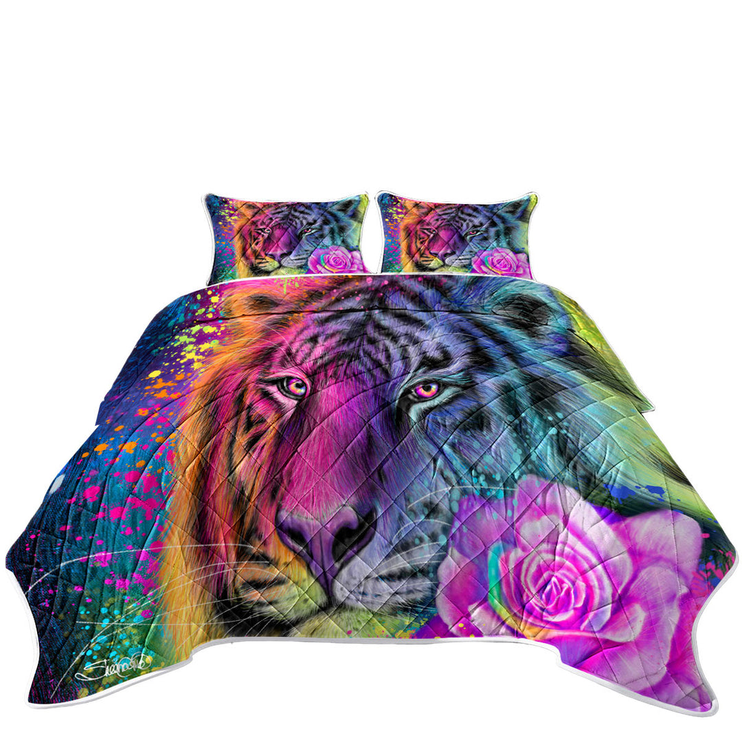 Coverlets with Colorful Animal Art Neon Rainbow Tiger