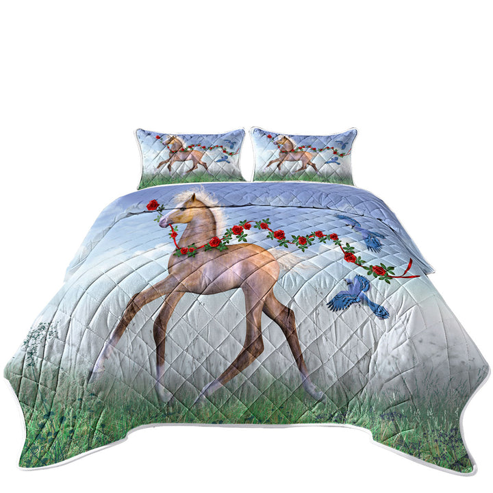 Coverlets with Cute Foal Horse with Roses and Birds