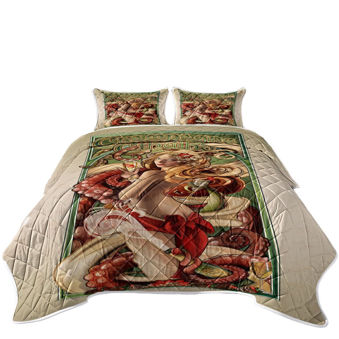 Coverlets with Mens Art Champagne Cthulhu and Sexy Woman