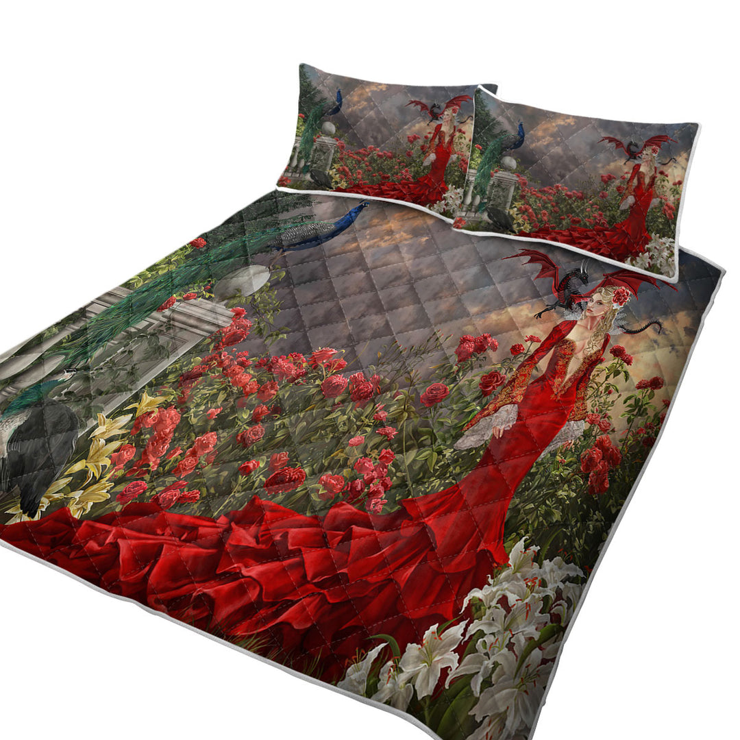 Coverlets with Roses Garden Peacocks Dragon and Beautiful Red Dressed Woman