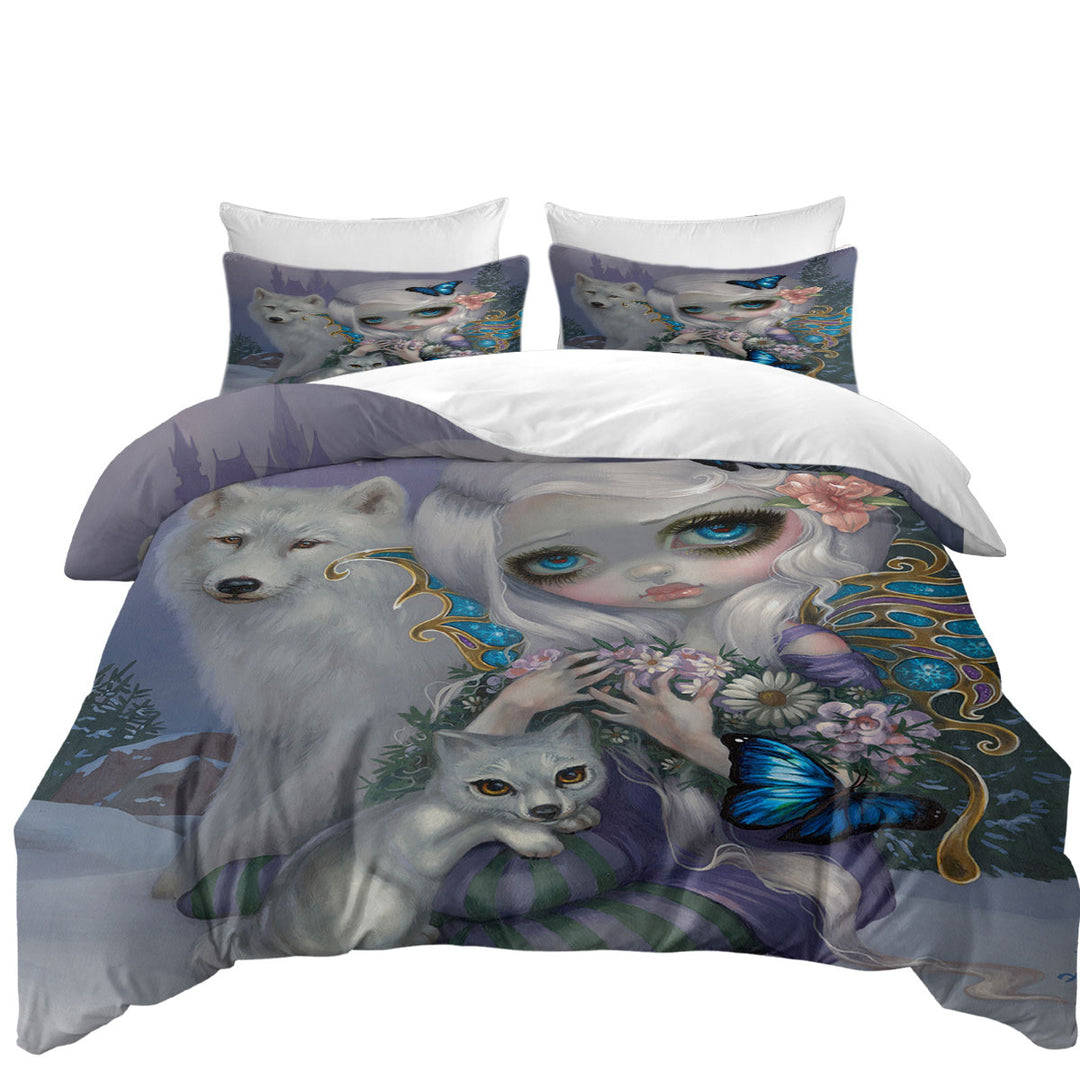 Coverlets with Winter Fairy with Two White Wolves and Butterflies