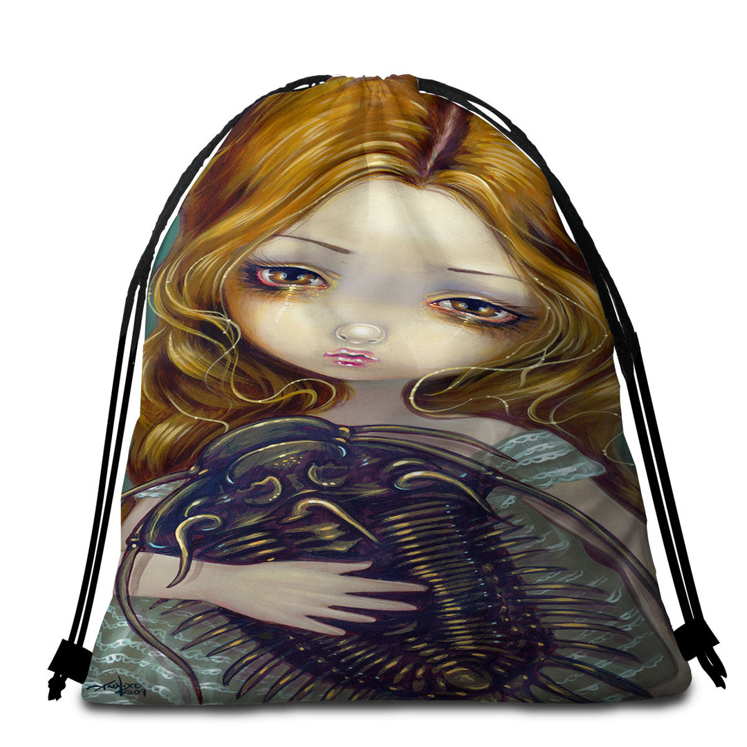 Crazy Beach Towels and Bags Set Art Beautiful Blond Girl with Pet Trilobite