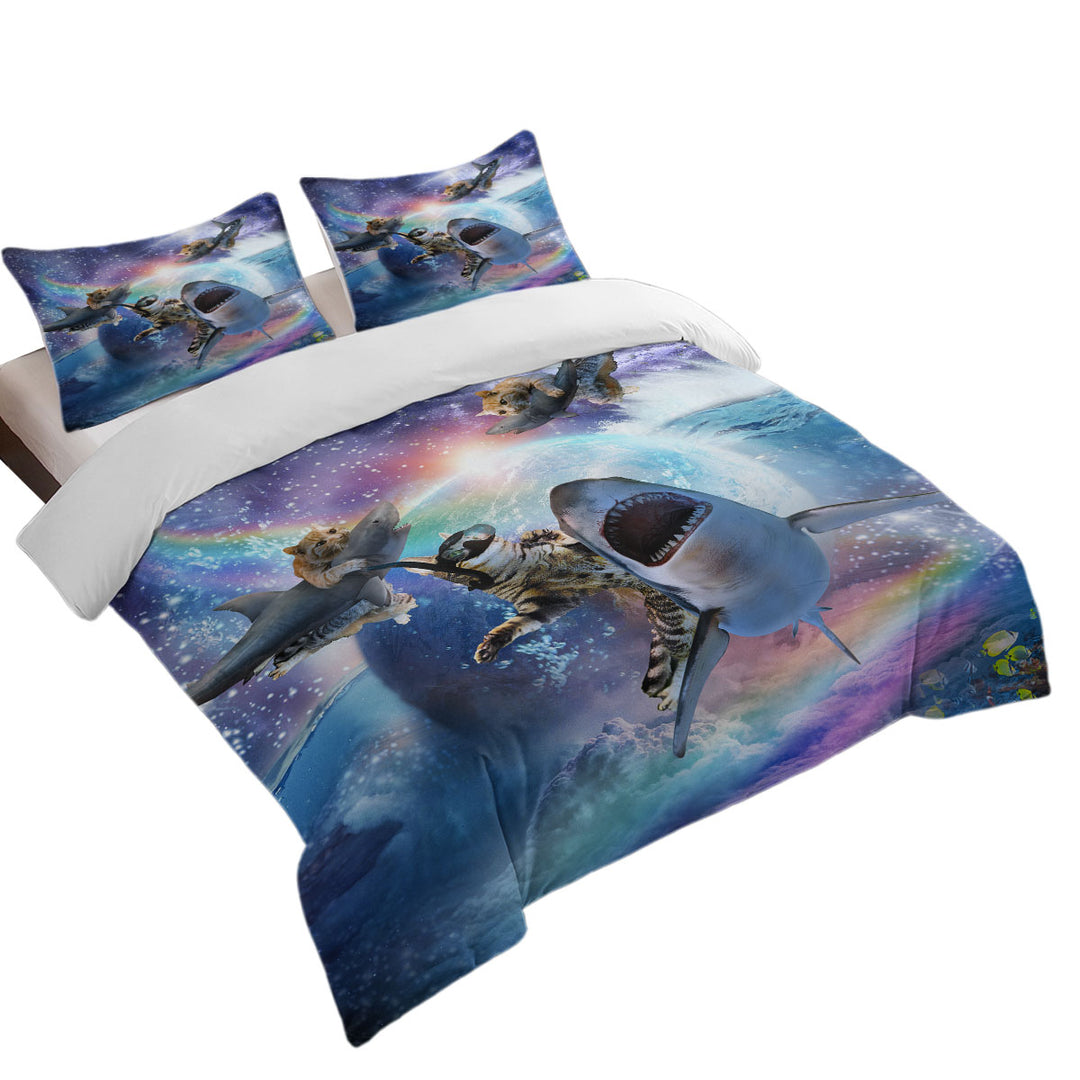 Crazy Cool Space Cats and Sharks California King Duvet Cover