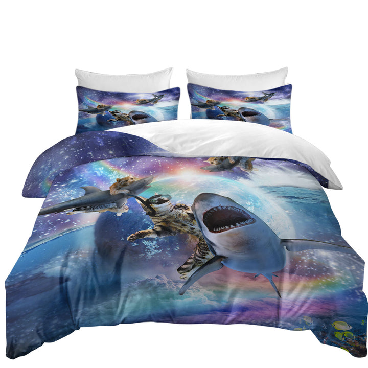 Crazy Cool Space Cats and Sharks Duvet Cover