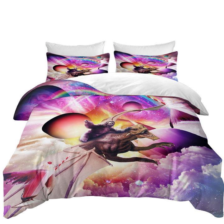 Crazy Cool Space Sloth Riding Dragon King Duvet Cover set