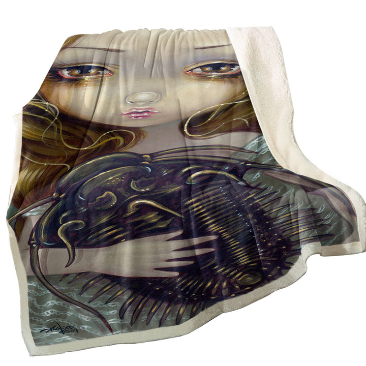 Crazy Sherpa Blanket Art Beautiful Blond Girl with Pet Trilobite