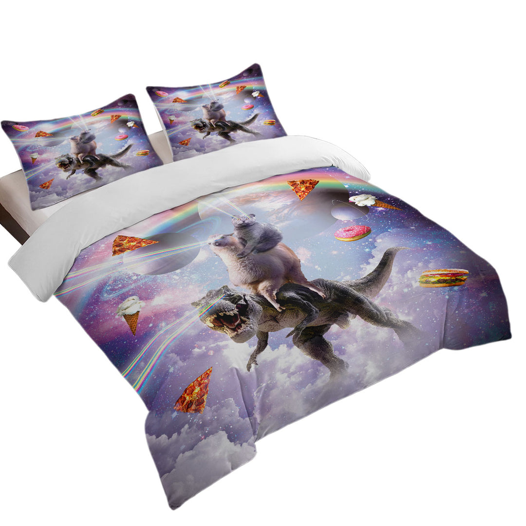 Crazy Space Art Funny Cat on a Llama on a Dinosaur Comforter Cover