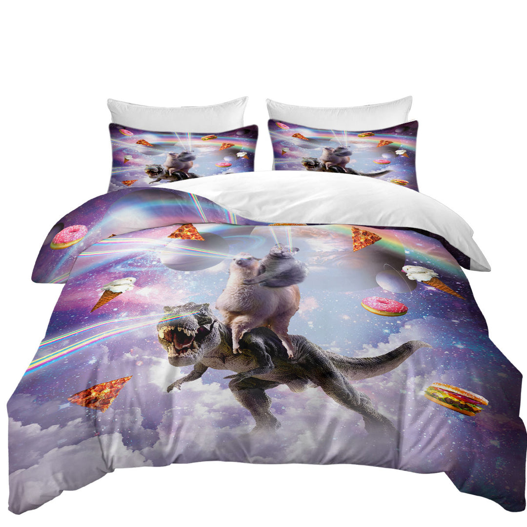 Crazy Space Art Funny Cat on a Llama on a Dinosaur Duvet Cover