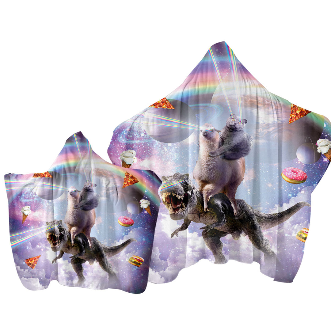 Crazy Space Art Funny Cat on a Llama on a Dinosaur Towel Hoodie