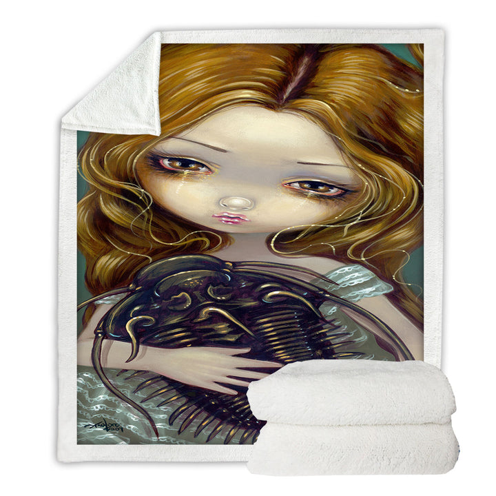 Crazy Throw Blanket Art Beautiful Blond Girl with Pet Trilobite