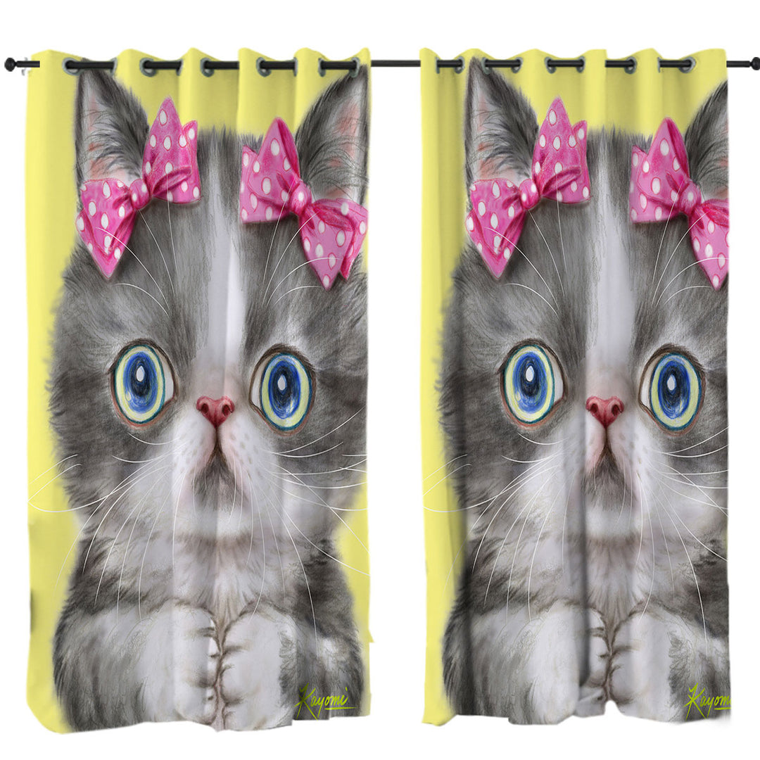 Curtain with Adorable Grey White Girl Kitten