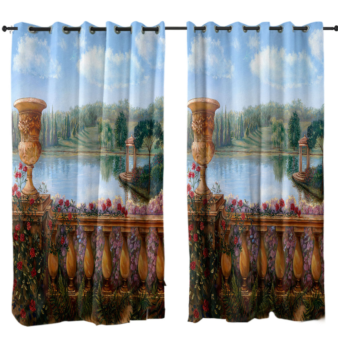 Curtain with Art Painting Lake Behind a Floral Balustrade