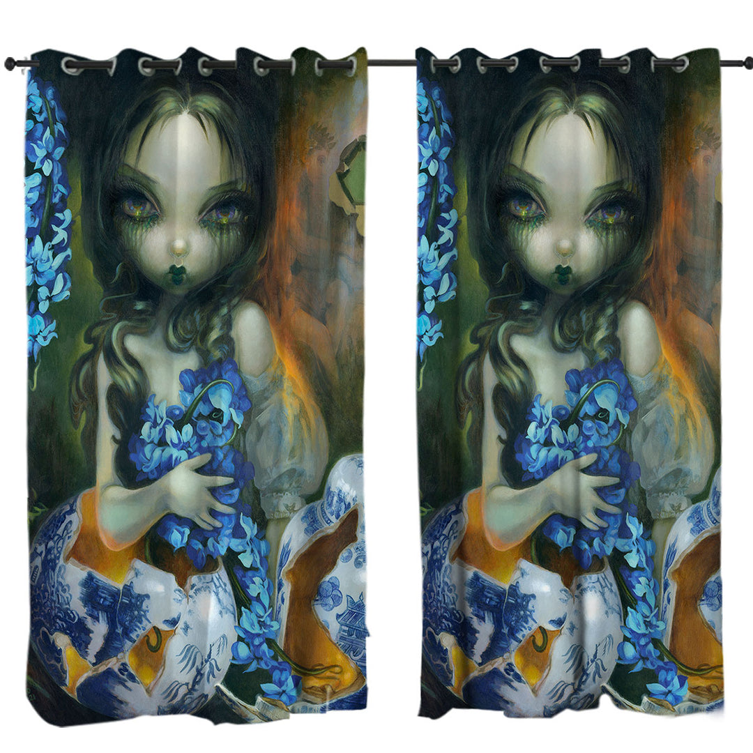 Curtain with Art Painting Woman with Hyacinth Blue Flowers