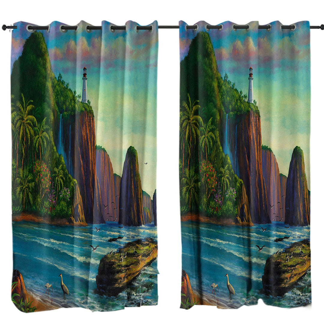 Curtain with Coastal Art Painting Lighthouse in Paradise Bay