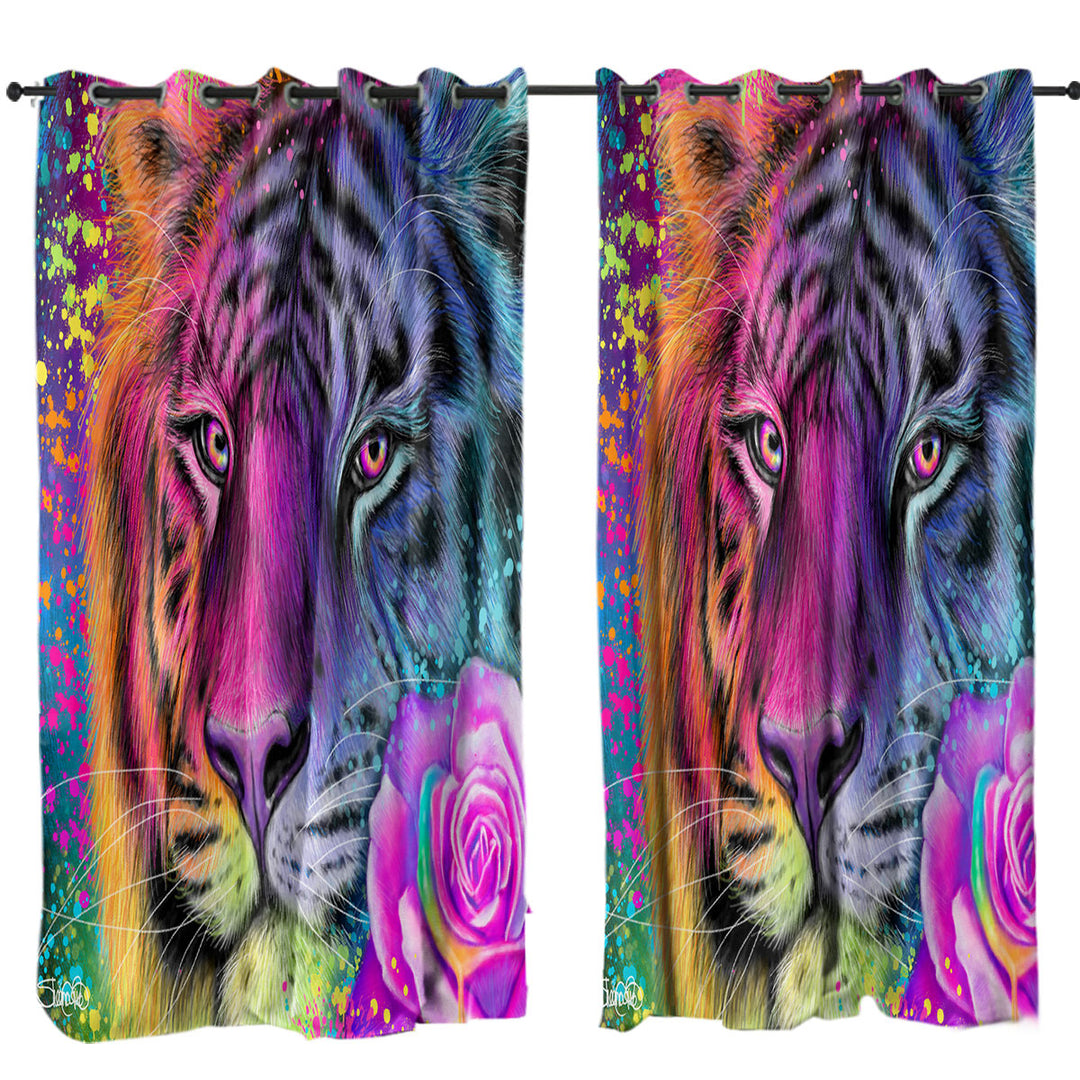 Curtain with Colorful Animal Art Neon Rainbow Tiger