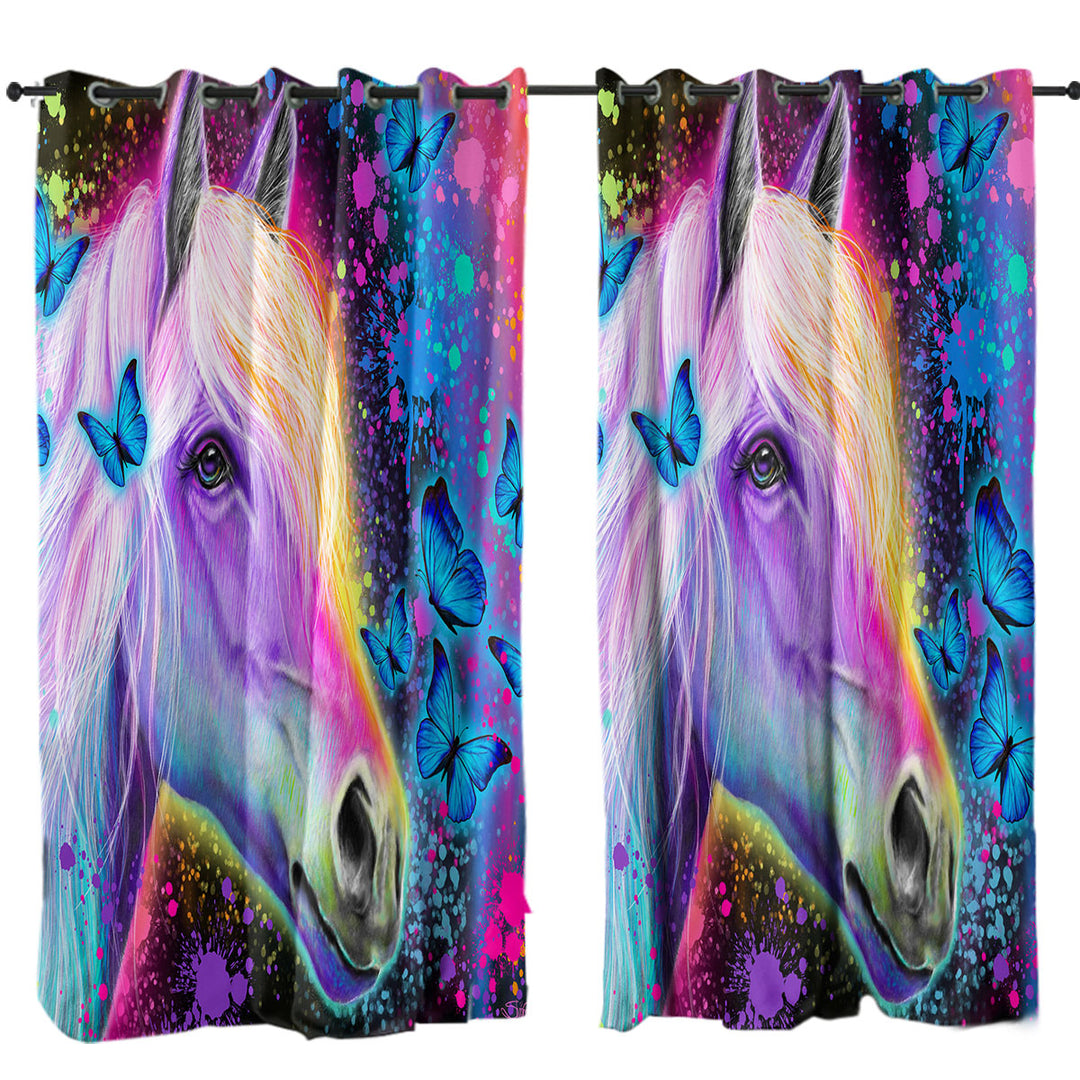 Curtain with Colorful Neon Rainbow Horse and Butterflies