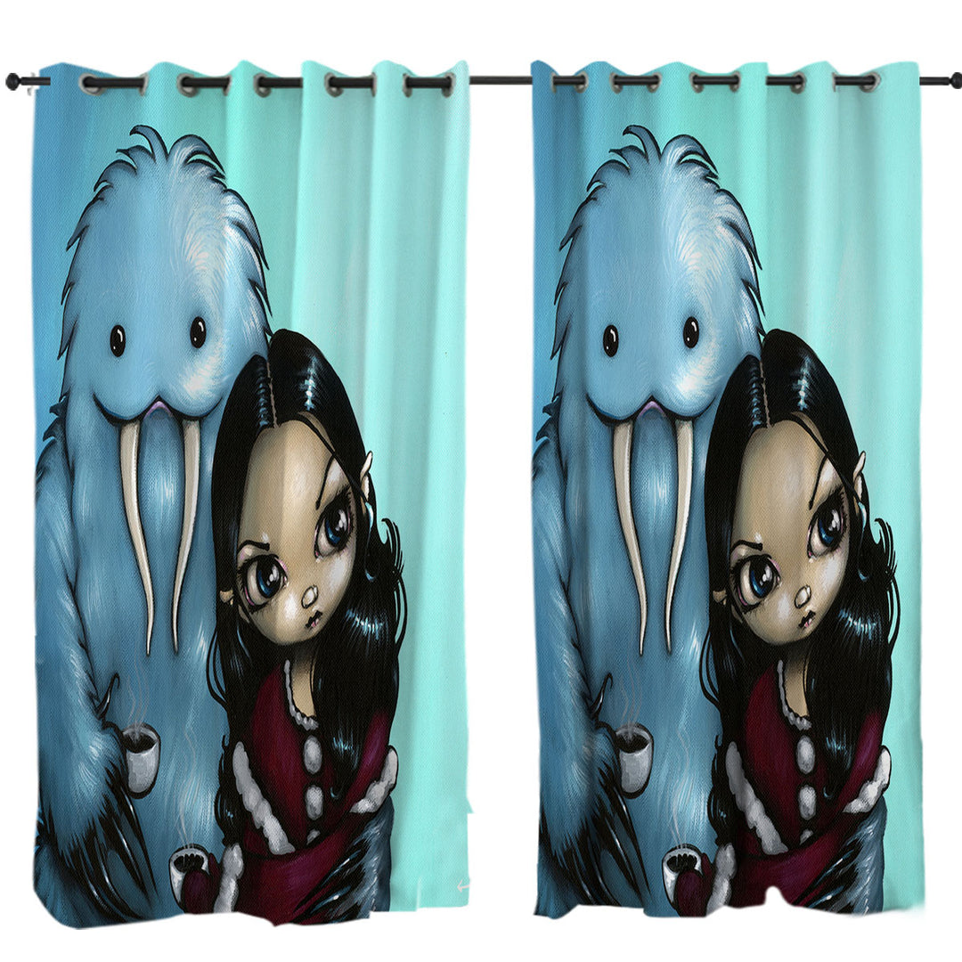 Curtain with Cool Scary Kids Art Below Zero Girl and Yeti