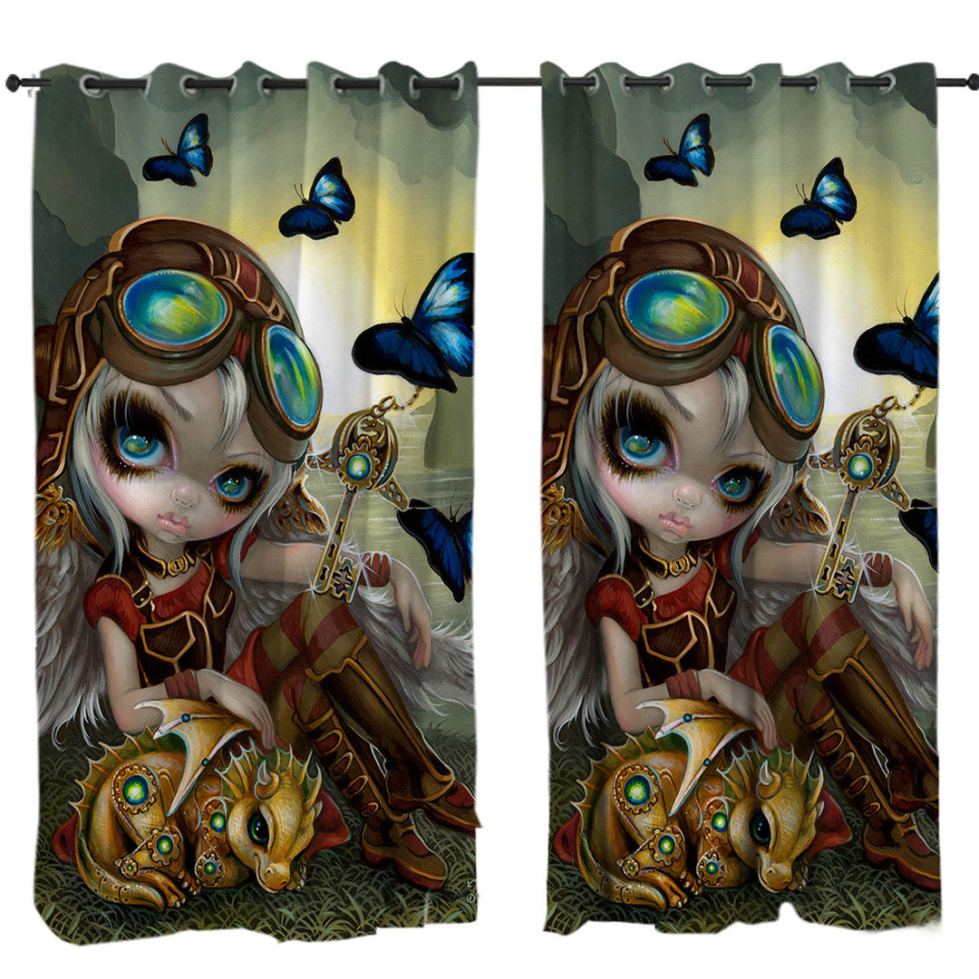 Curtain with Cute Fantasy Art Angel and Clockwork Dragonling