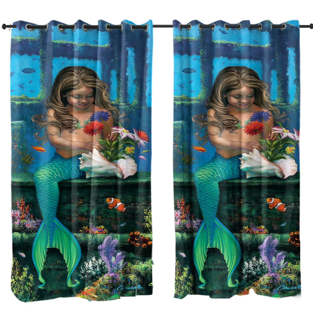 Curtain with Cute Girl Mermaid and Underwater Flowers