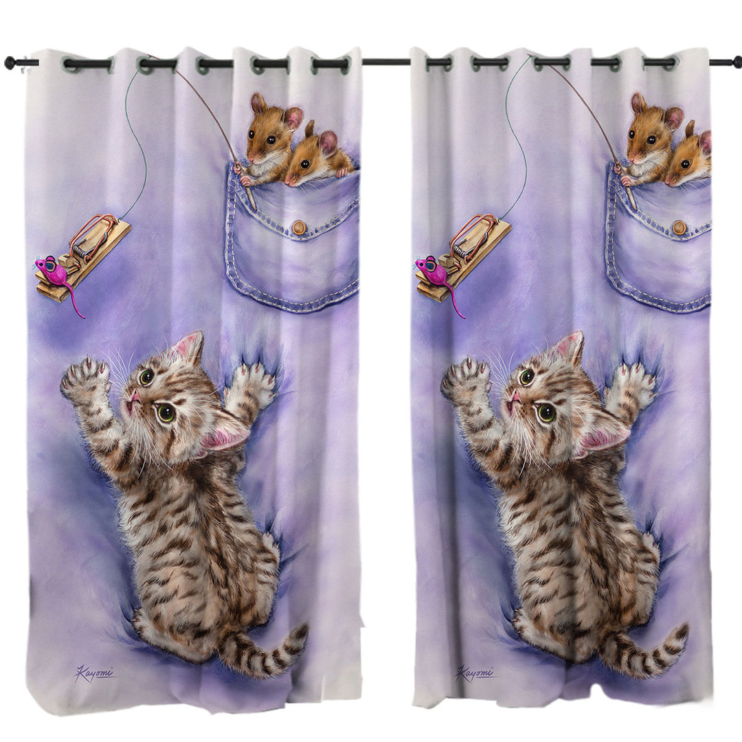 Curtain with Cute Purple Art Tabby Kitten and Mice