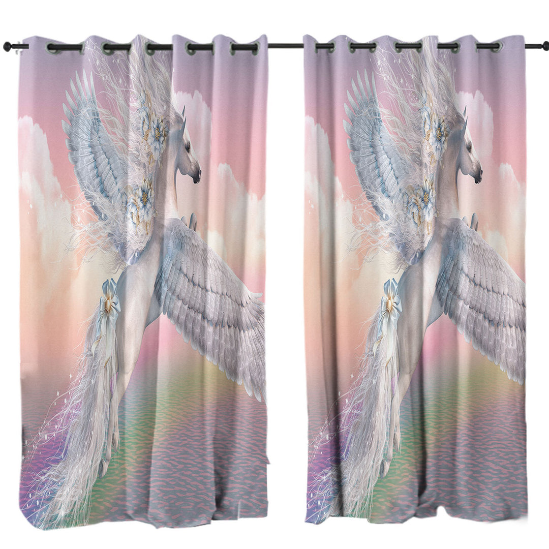 Curtain with Fantasy Art Over the Rainbow Flying White Horse