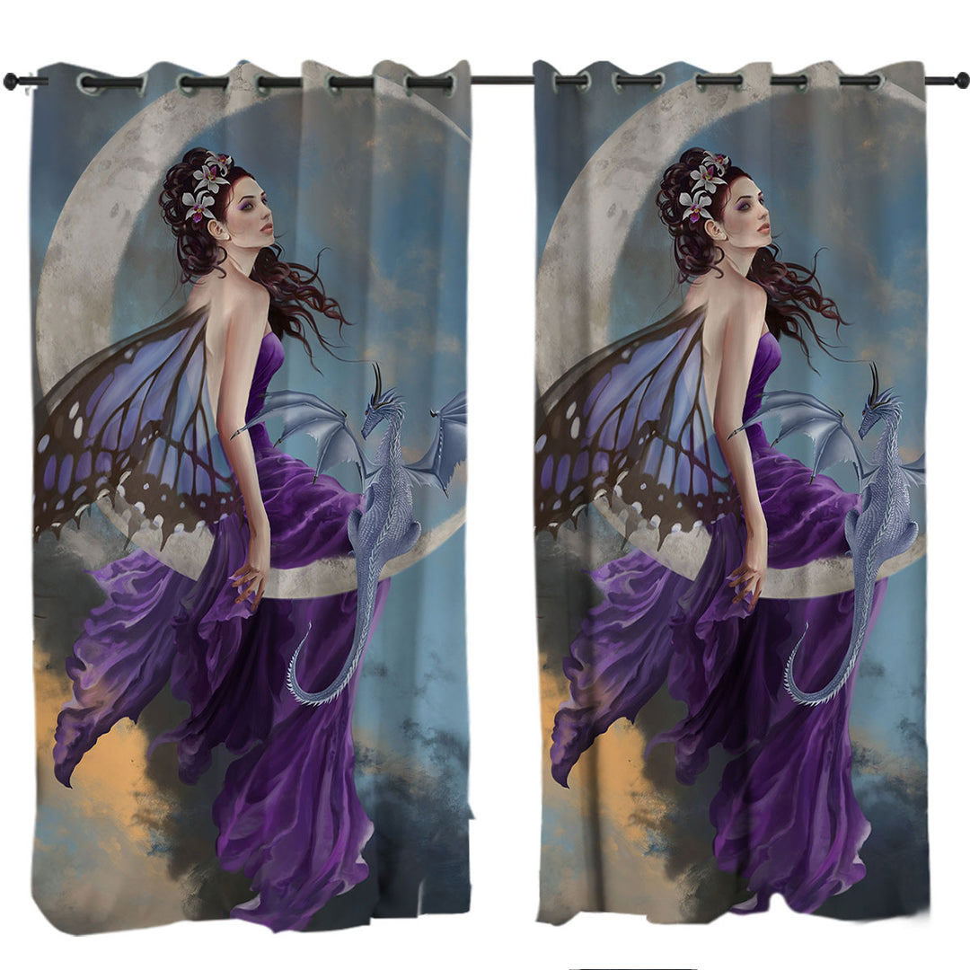 Curtain with Fantasy Art the Pretty Purple Moon Fairy and Dragon