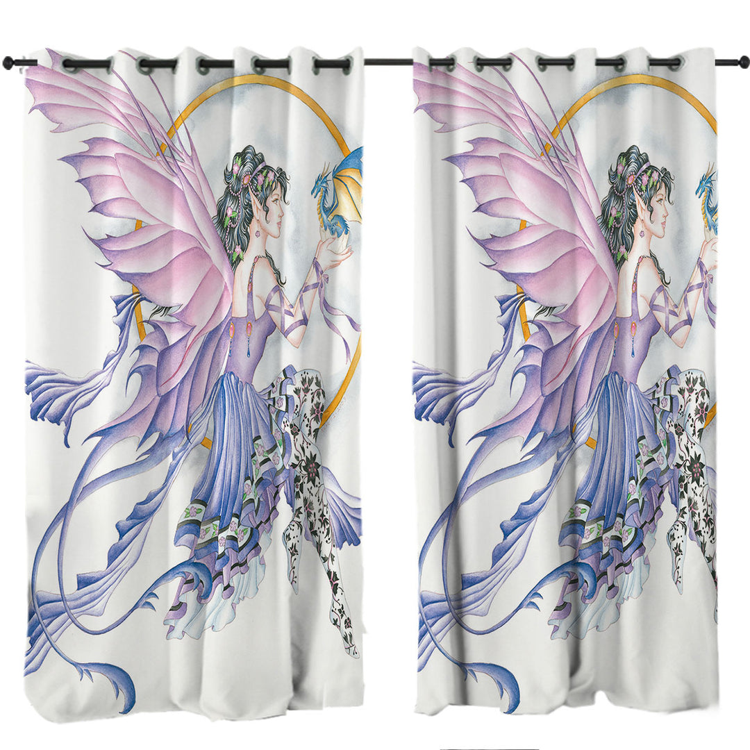 Curtain with Fantasy Drawing Purplish Fairy and Little Dragon