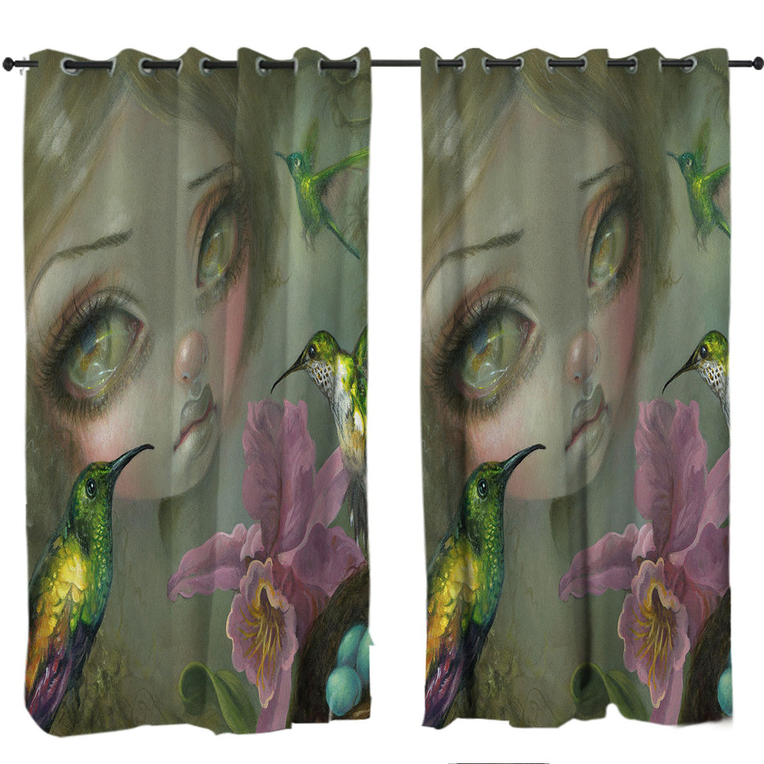 Curtain with Fine Art Ode To Heade Girl Hummingbirds and Flowers