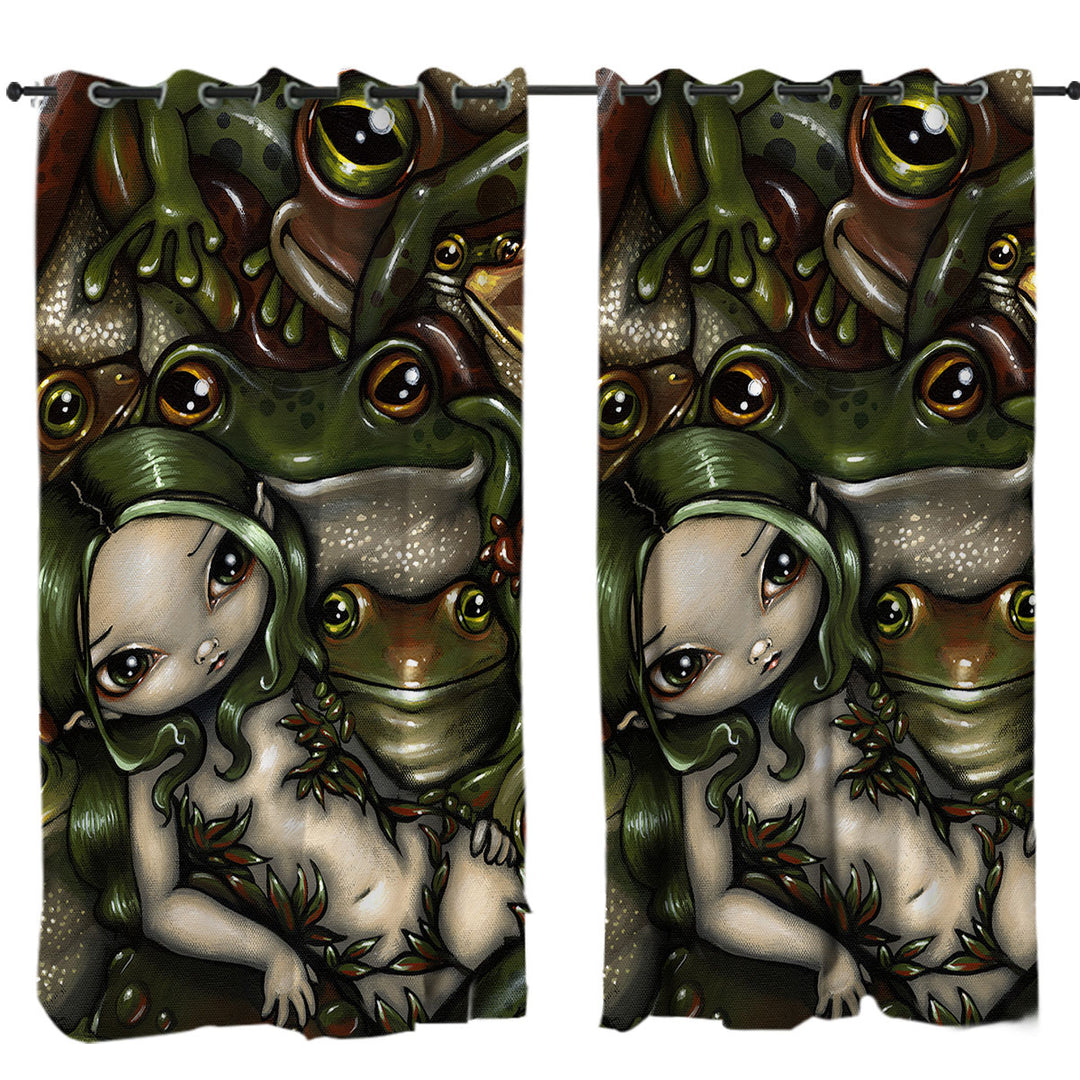 Curtain with Green Haired Nature Girl Bed of Frogs