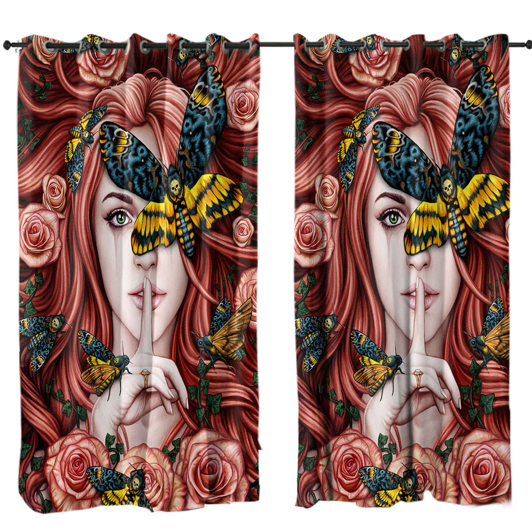 Curtain with Lady Moth Roses and Death Moth on Beautiful Woman