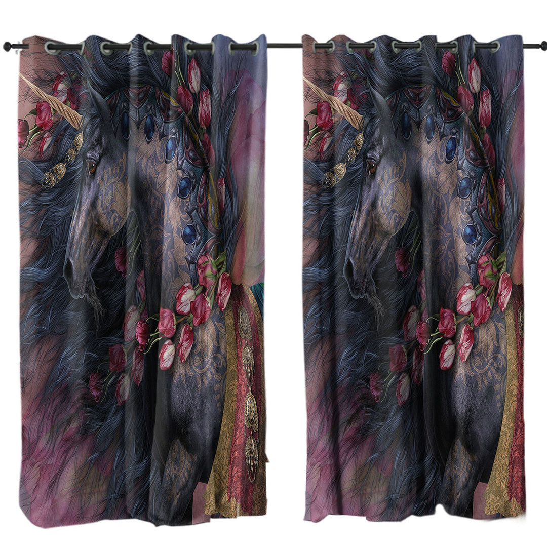 Curtain with Raaf Black Oriental Unicorn and Roses