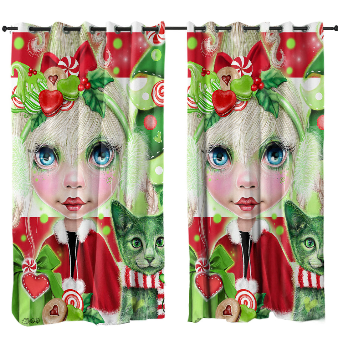 Curtain with Red Green Christmas Cindy Girl and Kitty Cat