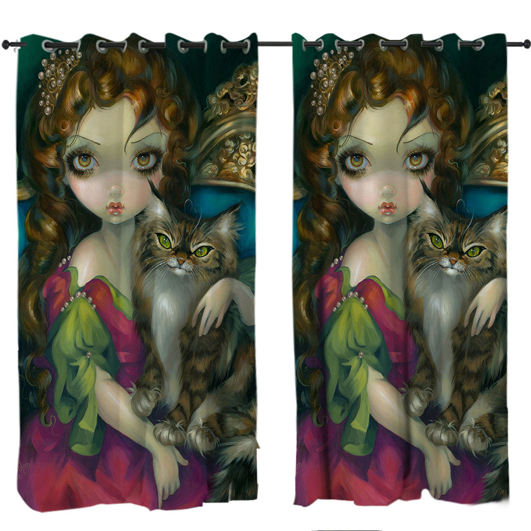 Curtain with Rococo Portrait Princess With a Maine Coon Cat