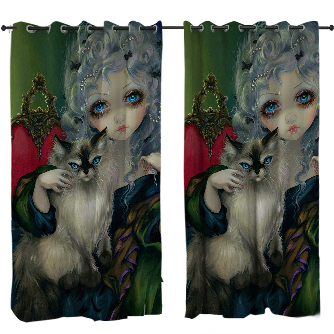 Curtain with Rococo Style Portrait Princess with a Ragdoll Cat