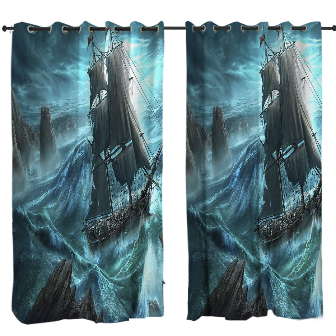 Curtain with Sailing Ship in the Dangerous Seas