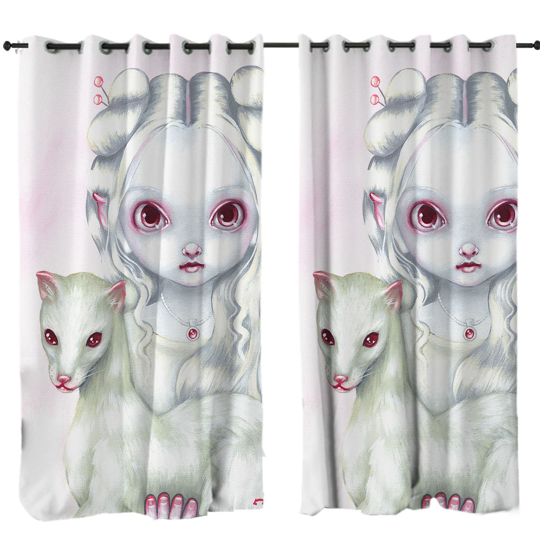 Curtain with Two of a Kind Albino Elf Girl and Her Albino Ferret