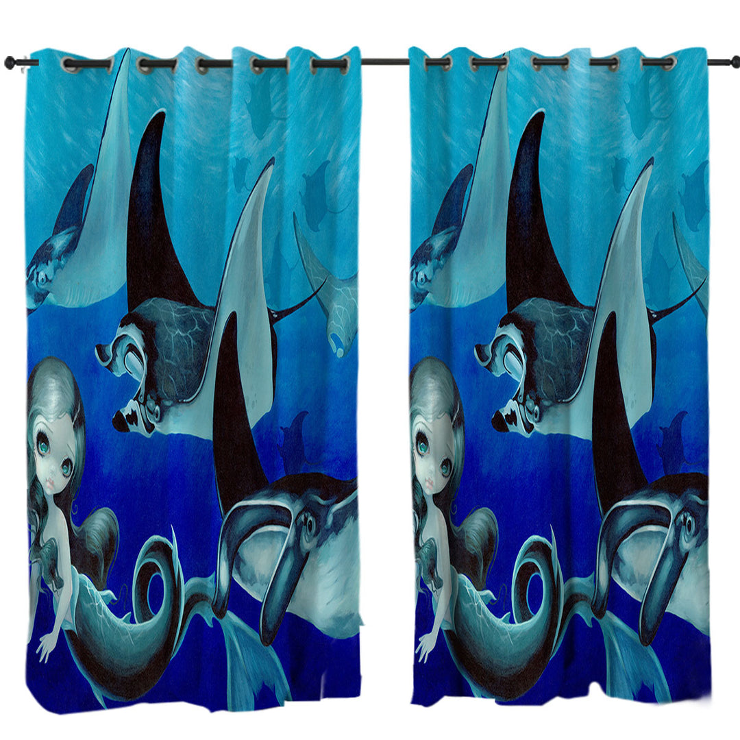 Curtain with Underwater Art Blue Tones Manta Ray and Mermaid