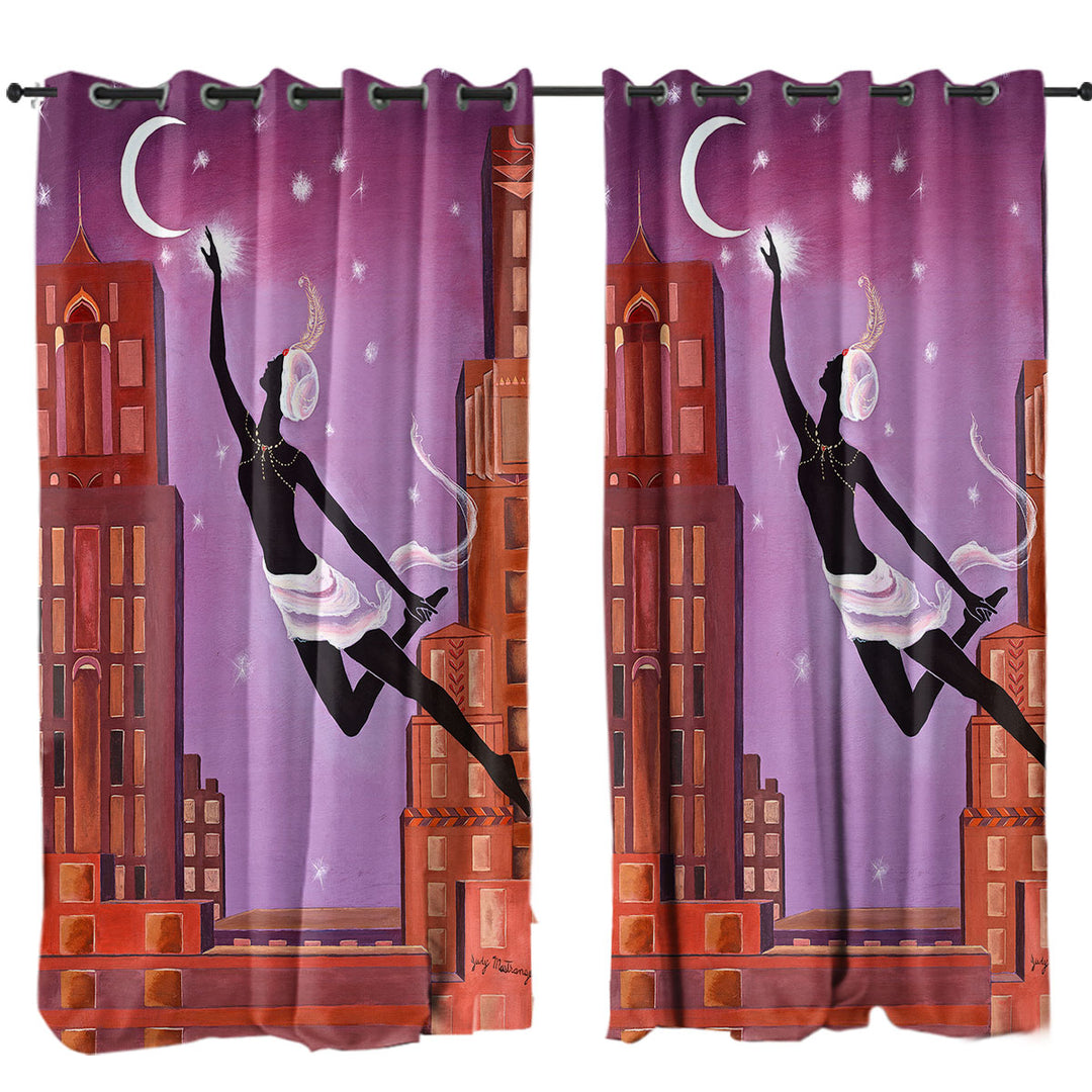 Curtains for Bedroom with Art Deco Gliding Night City Dancing Painting