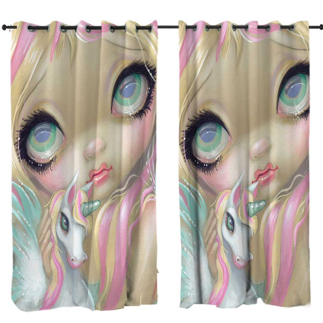 Curtains for Bedroom with Faces of Faery _178 Big Eyed Pinkish Girl Unicorn