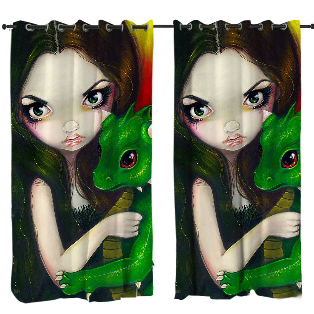 Curtains for Bedroom with Fantasy Art Girl and Baby Green Dragon